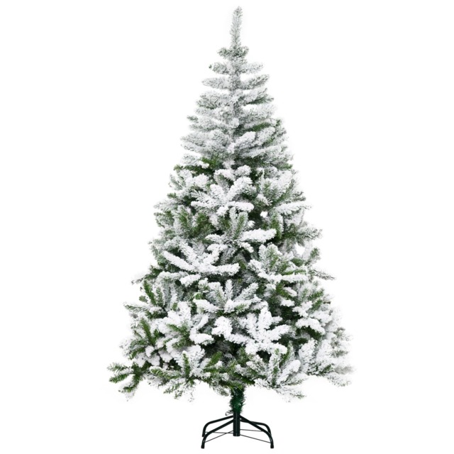 HOMCOM 6 Ft Snow Flocked Artificial Christmas Tree mas Pine Tree with Realistic Branches, Auto Open and Steel Base, Green