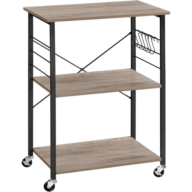Kitchen Serving Trolley with 3 Shelves, Microwave Stand, Storage Cart with 6 Hooks, Greige and Black