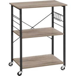 Kitchen Serving Trolley with 3 Shelves, Microwave Stand, Storage Cart with 6 Hooks, Greige and Black