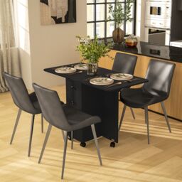 HOMCOM Folding Dining Table for 4-6, Rolling Drop Leaf Table on Wheels with Storage Drawers, Cabinet and Open Shelf for Kitchen, Dining Room, Distressed Black