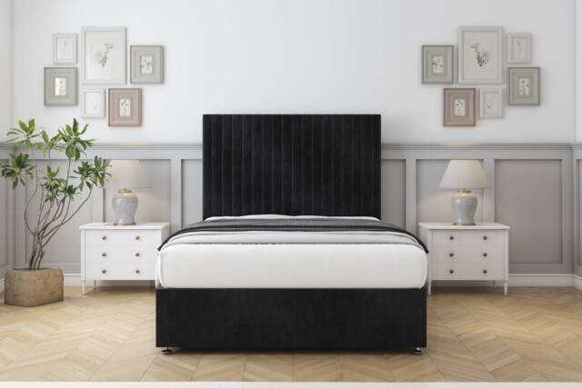 "Sloomy Manhattan Black Naples Divan Bed With Mattress 2 Drawers Same Side With 54"" Floor Standing Headboard 4'6 Double Black Black Double 1"