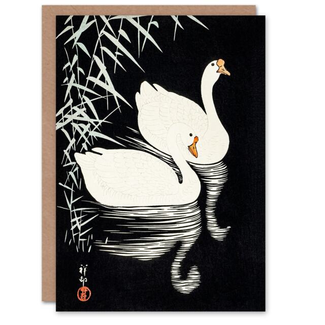 Ohara Koson Japanese Art Card Geese Swimming By Reeds