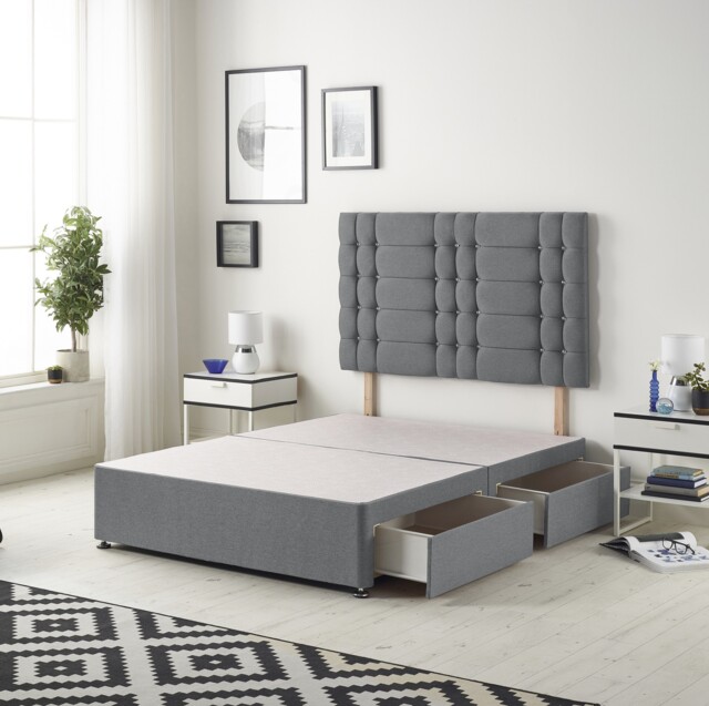 Astoria Divan Bed Base with 2 Drawers & 30 Inch Diamante Headboard in Plush Velvet Grey Charcoal Single