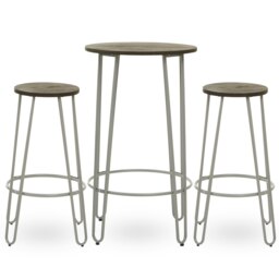 Orsina Set of 3 Grey Frame Bar Table Stool Set , Hairpin Stool for Kitchen Counter, Elm Wood Metal Frame Stool