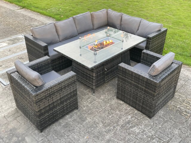 Fimous Outdoor Rattan Garden Furniture Corner Sofa Burner Gas Fire Pit Table Sets Gas Heater Lounge Chairs Dark Grey 8 Seater
