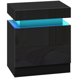 HOMCOM High Gloss Bedside Table with LED Light and 2 Drawers, Black Black