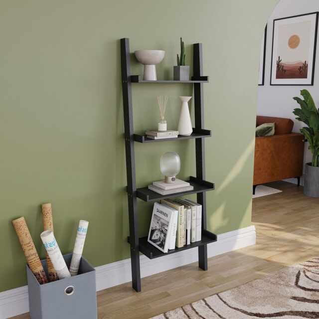 Vida Designs York 4 Tier Ladder Bookcase Display Storage, Black