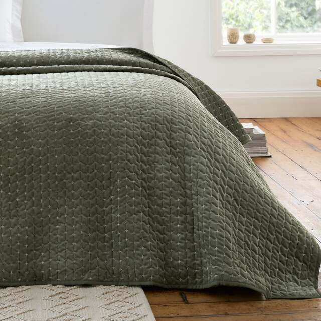 Bianca Attica Velvet Embroidered Bedspread Green One Size