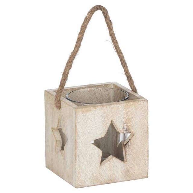 Washed Star Tealight Candle Holder - Wood - L8 x W8 x H10 cm - White Brown