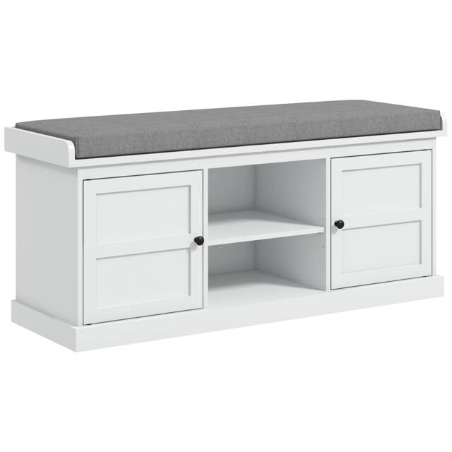 HOMCOM Shoe Bench with Seat, Shoe Storage Bench with Cushion, 2 Cabinets and Adjustable Shelf for Entryway, Hallway, Living Room, Bedroom, White