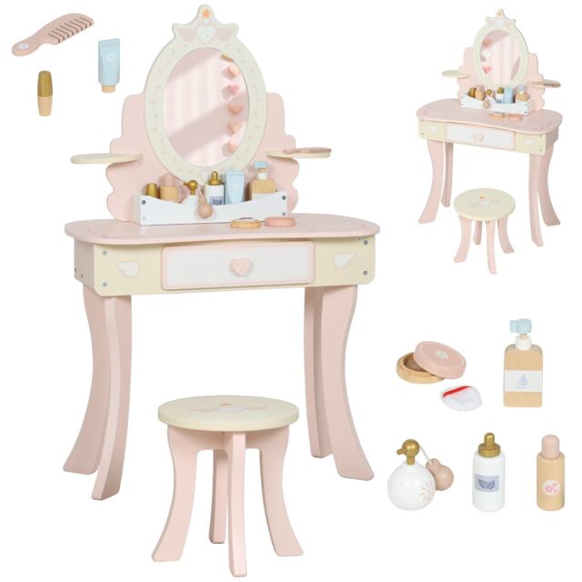 AIYAPLAY Kids Dressing Table, Girls Vanity Set w/ Stool, 7 Play Accessories