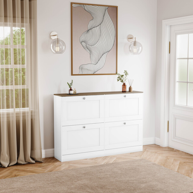 Vida Designs 4 Drawer Shoe Cabinet Hallway Home Entrance Storage Unit - White & Oak