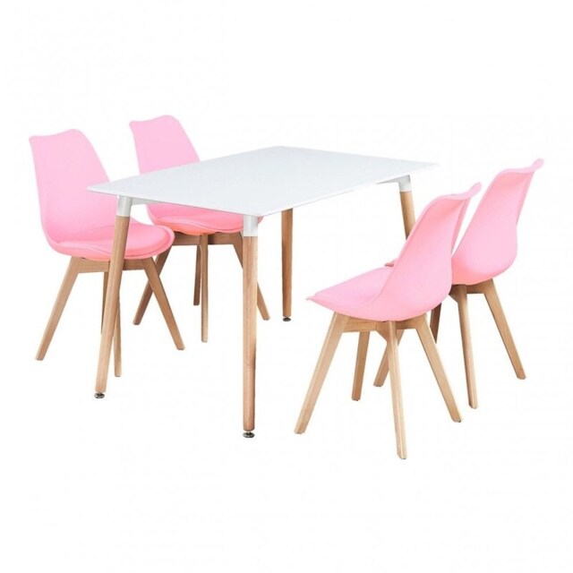5PCs Dining Set - a White Halo Dining Table & Set of 4 Lorenzo Tulip Chairs with Padded Seat Pink
