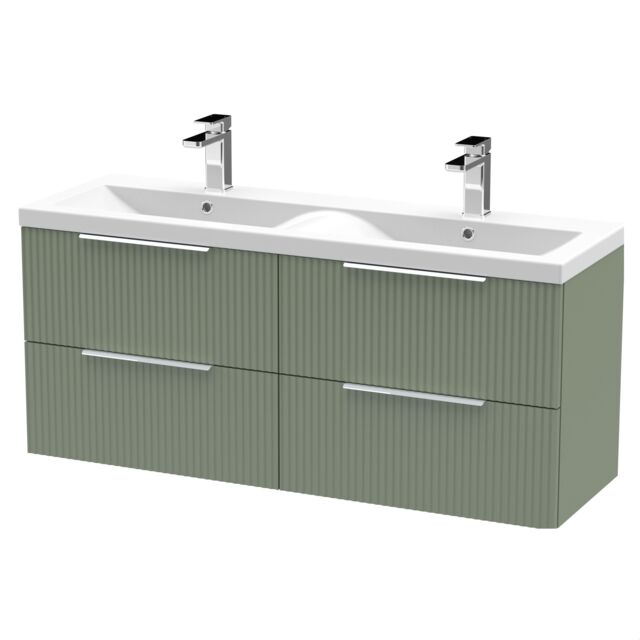 Balterley Tixall Fluted 4 Drawer Wall Hung Vanity Unit with Double Basin, Satin Green, 1200mm