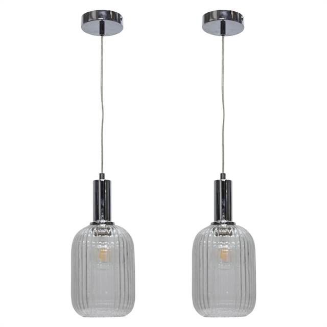 Set of 2 Batley - Clear Ribbed Glass Chrome Deco Pendant Fittings