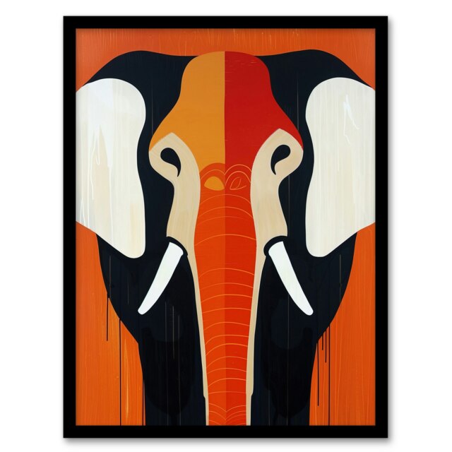 African Elephant Orange White Graphic Living Room Black Framed Wall Art Print A4