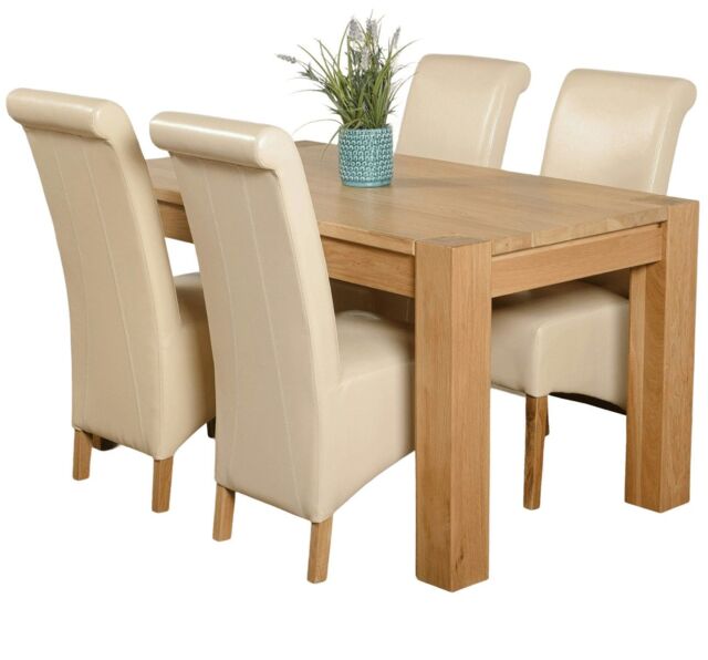 Kuba 150 x 85cm Chunky Medium Oak Dining Table and 4 Montana Leather Chairs Cream Cream