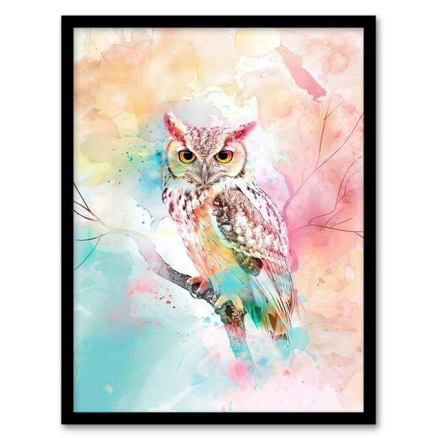 Owl On Branch Portrait Pastel Rainbow Home Decor Black Framed Wall Art Print A4