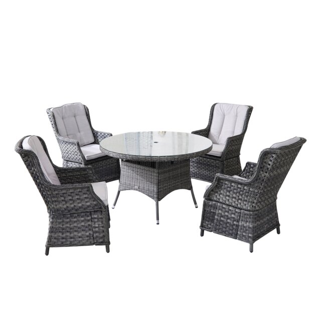 Direct Wicker Outdoor 5 Piece Rattan Dining Table Chairs Set, Aluminum Round Table with Tempered Glass, 4 Armchairs Grey