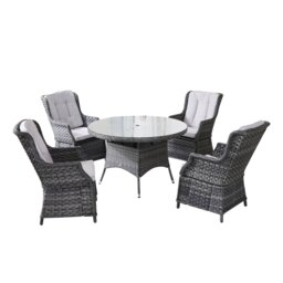 Direct Wicker Outdoor 5 Piece Rattan Dining Table Chairs Set, Aluminum Round Table with Tempered Glass, 4 Armchairs Grey