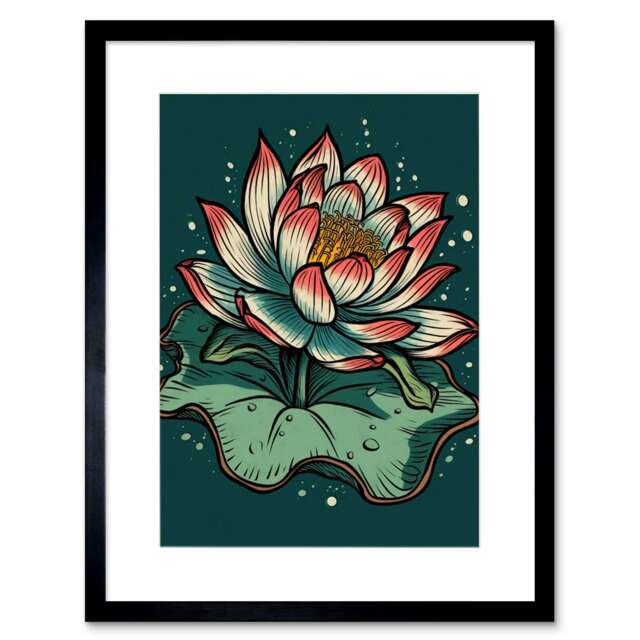 "Lotus Flower Old School USA Tattoo Body Rockabilly 50s 9x7"" Black Framed Wall Art Print"
