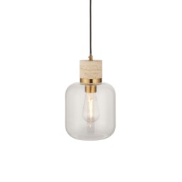 Travi Slim Pendant Ceiling Light Natural Travertine, Vintage Brass & Clear Glass E27