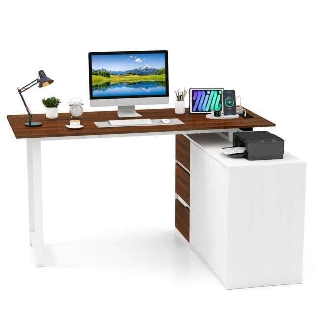 COSTWAY L-Shaped Desk Reversible Corner Computer Desk Brown Brown