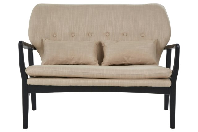 Orsina 2 Seat Beige Sofa With Black Wood Frame, Comfy Padded Fabric Seat, Easy to Clean Large Sofa