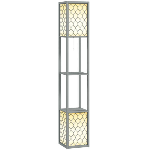 HOMCOM Floor Lamp with Shelves, Modern Tall Standing Lamps with Fabric Lampshade, Chain Switch and Dual Light for Living Room, Bedroom, Bulb not Included, Light Grey