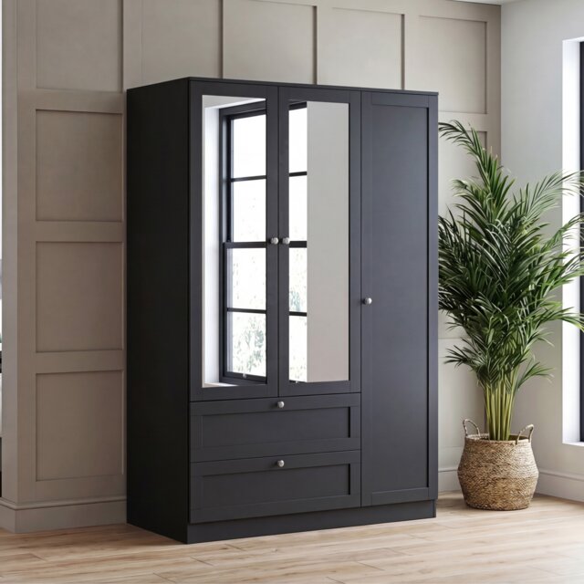 Vida Designs Altino Black 3 Door 2 Drawer Mirrored Wardrobe with Hanging Rail - H: 170cm x W: 116cm x D: 53cm