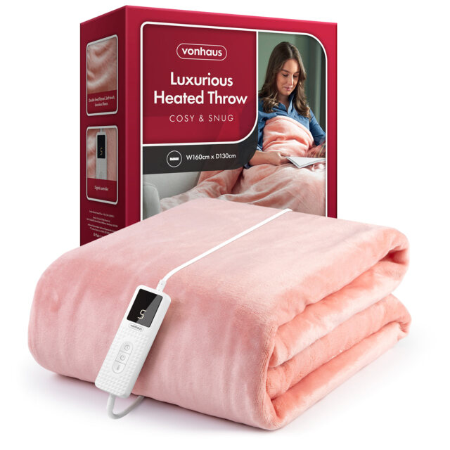 VonHaus Heated Throw Blanket with Digital Control Pink
