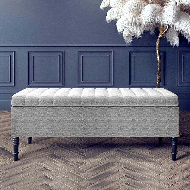 180cm Paris Striped Ottoman Storage Bench -Upholstered Shoes Bench with Black Turned Wooden Legs - Grey Naple Ottoman Bench