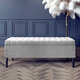 180cm Paris Striped Ottoman Storage Bench -Upholstered Shoes Bench with Black Turned Wooden Legs - Grey Naple Ottoman Bench