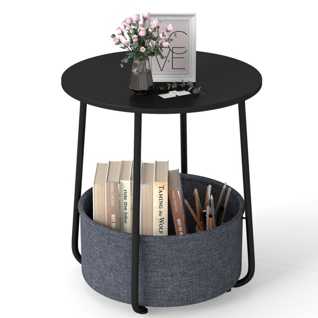 COSTWAY Round Side Table 2 Tier End Table with Fabric Storage Basket Black