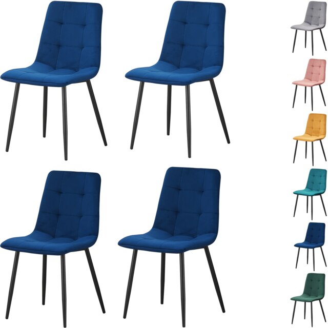 Set of 4 Chairs Florence Velvet Dining Chairs with Sturdy Metal Legs - Kitchen, Living Room & Reception Chairs with Backrest and Padded Seat Blue One Size