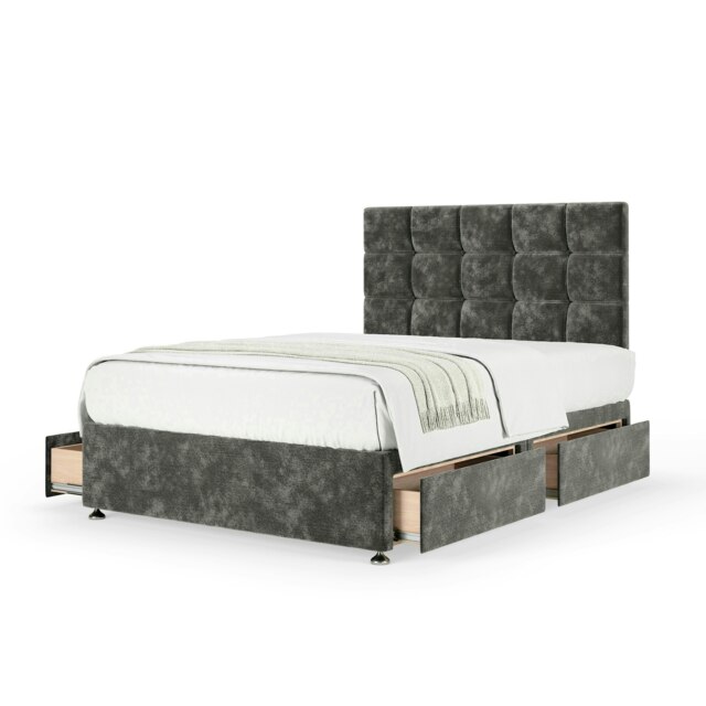 Majestic 1000 Pocket Sprung Charcoal Chenille 4 Drawer Divan Set And Pearl Headboard Super King