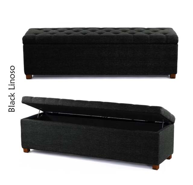 Linoso Chesterfield Black Ottoman Storage Box with Square Wooden Legs - Upholstered Blanket Box (150W x 40D x 45H cm)