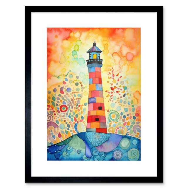 "Lighthouse At Sunset Dreamy Folk Art Watercolour Painting 9x7"" Black Framed Wall Art Print"