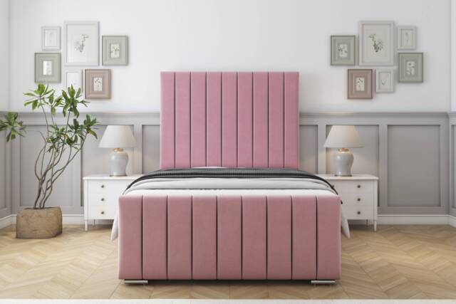 "Sloomy California Pink Plush Bed Frame With 50"" Upholstered Headboard 4' Small Double"