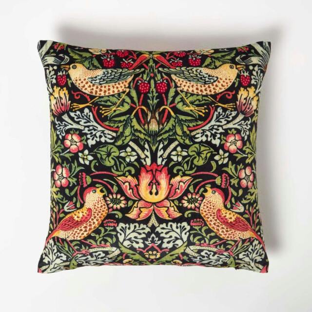 Homescapes Black William Morris Strawberry Thief Velvet Cushion - 45 x 45 cm Black 45 x 45 cm 1