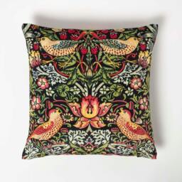 Homescapes Black William Morris Strawberry Thief Velvet Cushion - 45 x 45 cm Black 45 x 45 cm 1