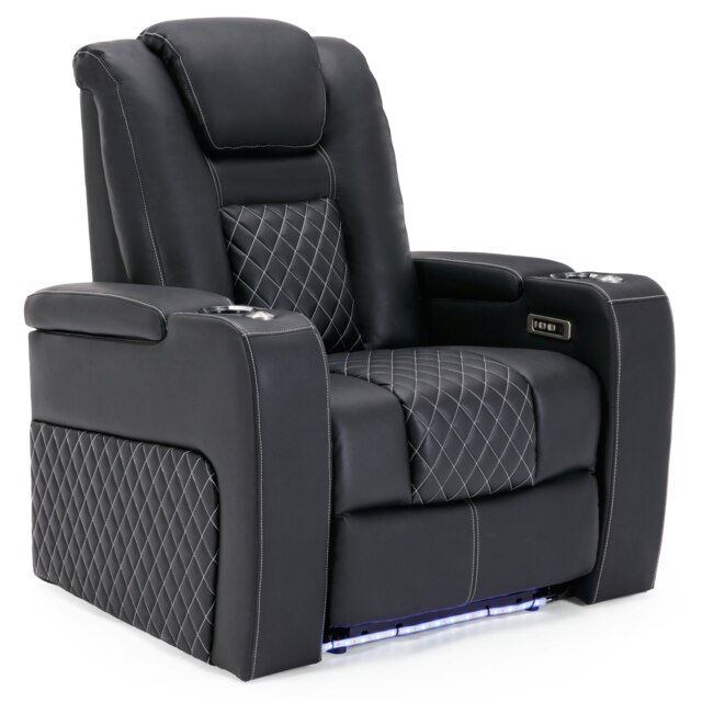 Broadway Cinema Electric Recliner Chair USB Charging LED Base (Black w White stitching)