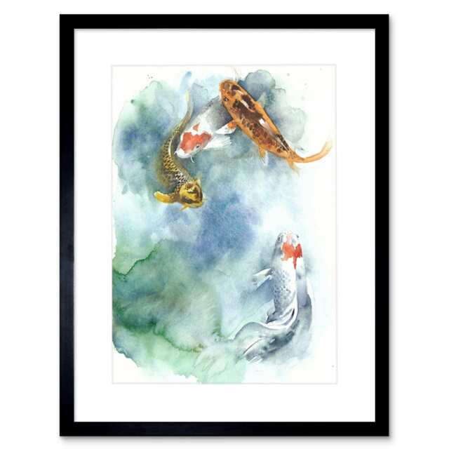 "Japanese Koi Fish Pond Watercolour Painting 9x7"" Black Framed Wall Art Print"