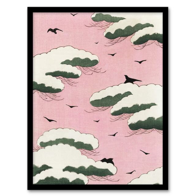 "Pink Sky With Clouds and Birds Vintage Framed Wall Art Print Bijutsukai 12x16"""