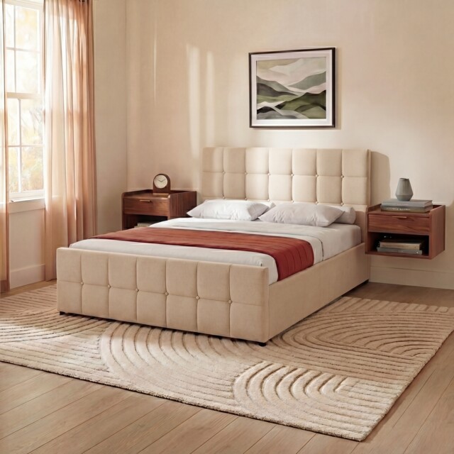 Vida Designs Valentina King Size Lift Up Ottoman Storage Bed Frame, Beige
