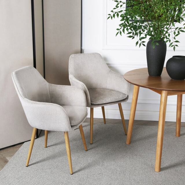 Muse - Pair of Chairs in Woven Yarn Fabric Set of 2 Dining Chairs Beige with Ash effect legs