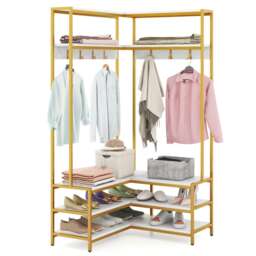 COSTWAY Corner Garment Rack Clothes Rack wOpen Shelves White Gold One Size