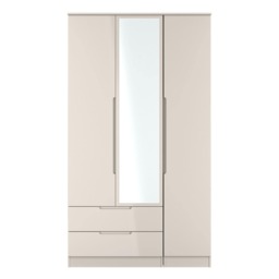 Lucca Tall 2 Drawer Tiple Mirrored Wardrobe in Kashmir Gloss & Kashmir (Ready Assembled) Cream Kashmir Gloss & Kashmir