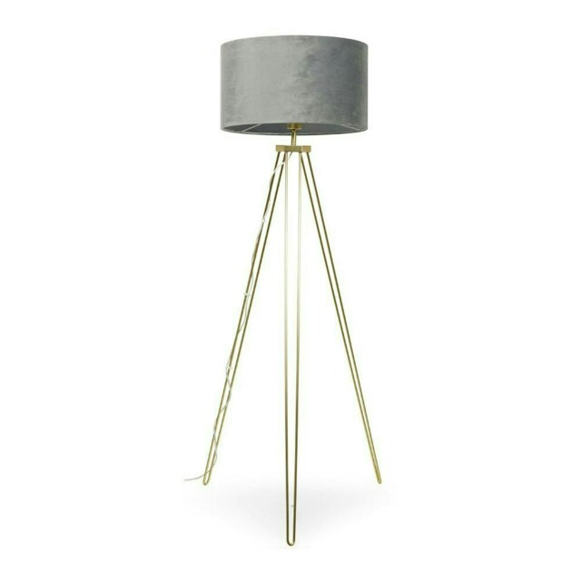 ValueLights Aero Gold Floor Lamp Grey Velvet Shade and Bulb