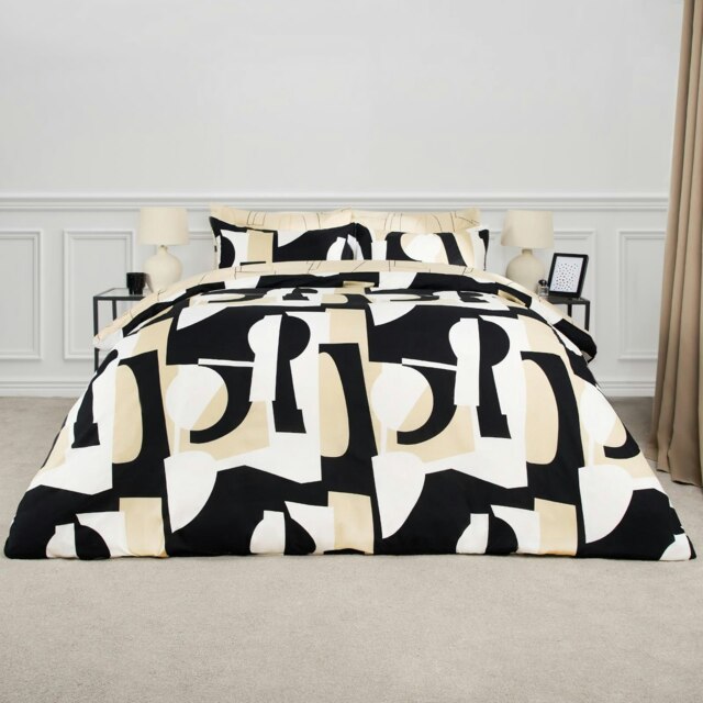 OHS Abstract Geometric Reversible Print Duvet Cover and Pillowcase Set, King - Black/Natural